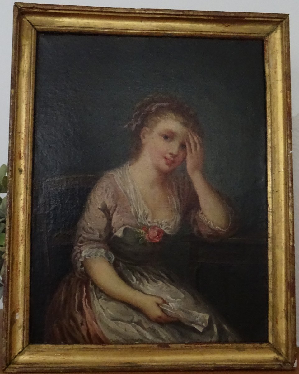 Portrait De Jeune Femme à La Rose d'Après Greuze Huile/toile Début XIXème Siècle