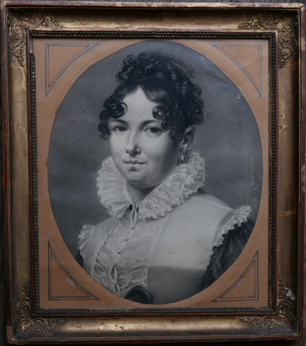 Portrait Of A Young Woman, 1st Empire Drawing, Early 19th Century-photo-2