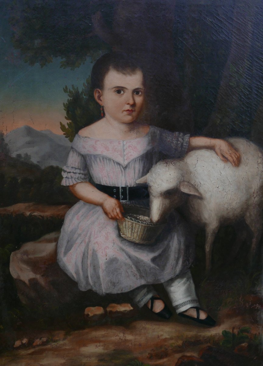 Grand Portrait De Fillette Au Mouton Huile/toile Du XIXème Siècle-photo-2