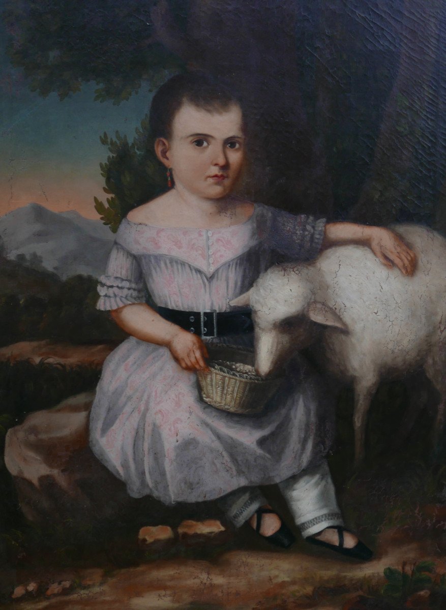 Grand Portrait De Fillette Au Mouton Huile/toile Du XIXème Siècle-photo-3