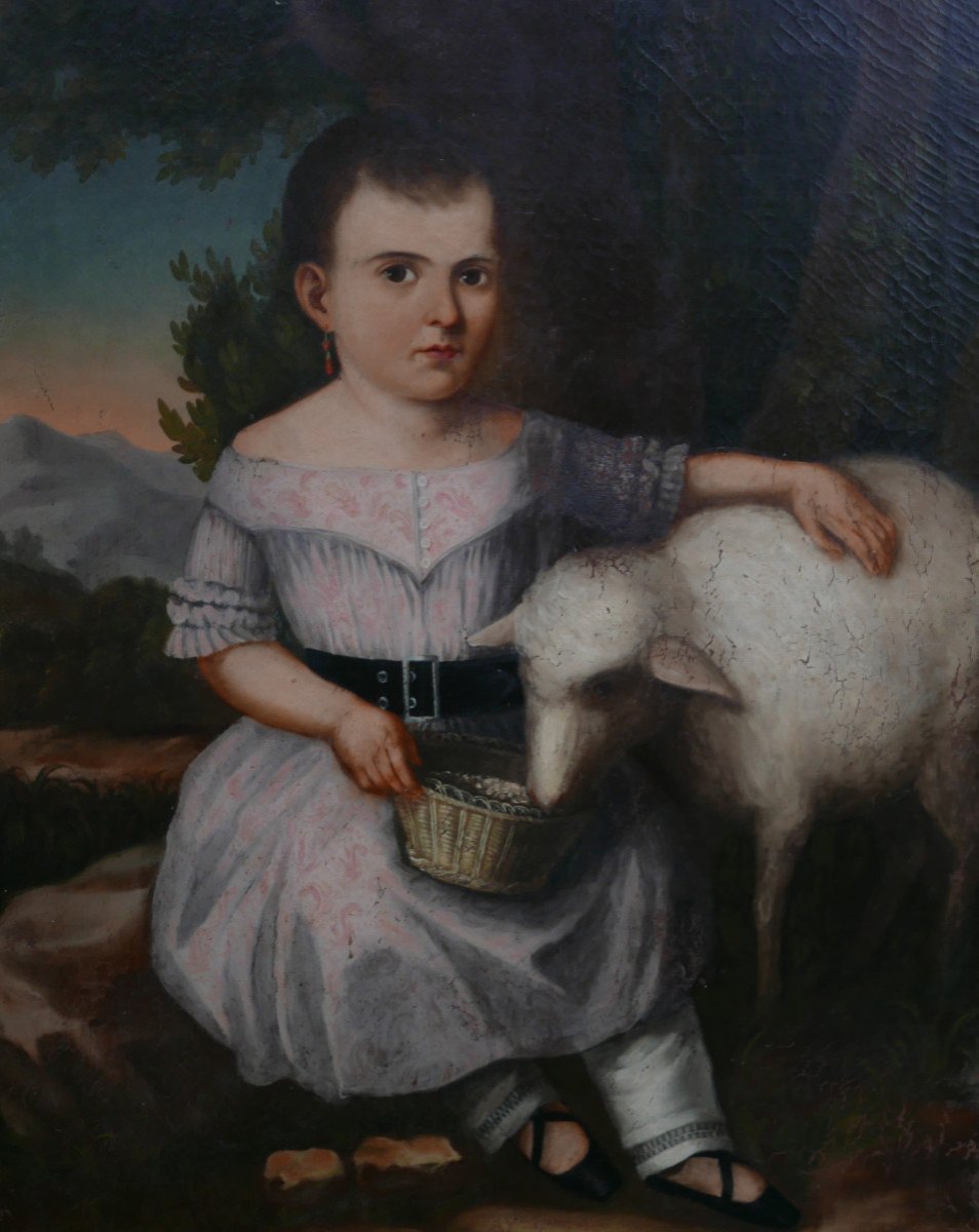 Grand Portrait De Fillette Au Mouton Huile/toile Du XIXème Siècle-photo-4