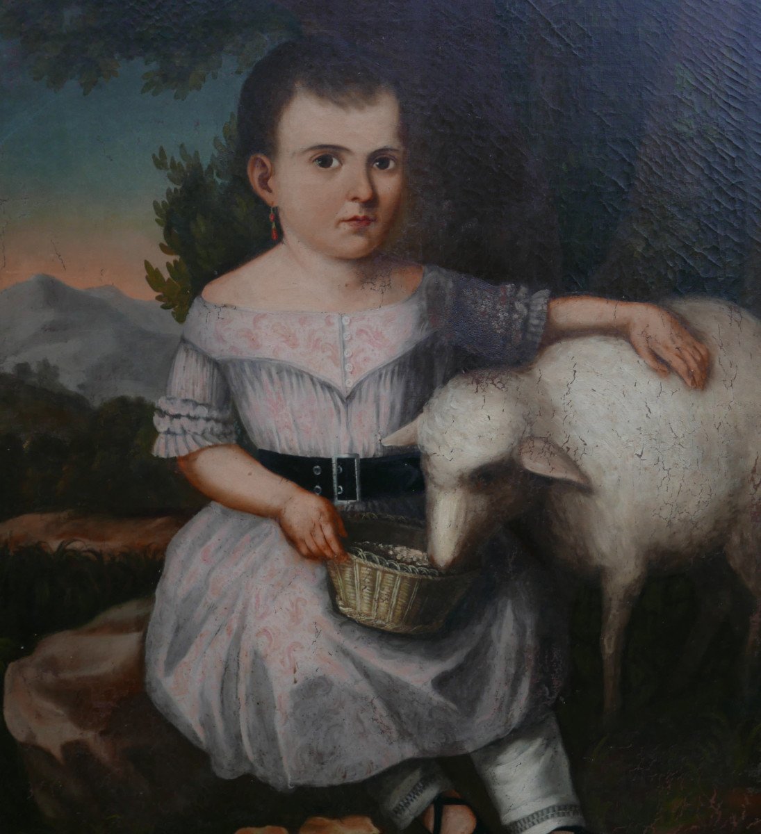 Grand Portrait De Fillette Au Mouton Huile/toile Du XIXème Siècle-photo-1