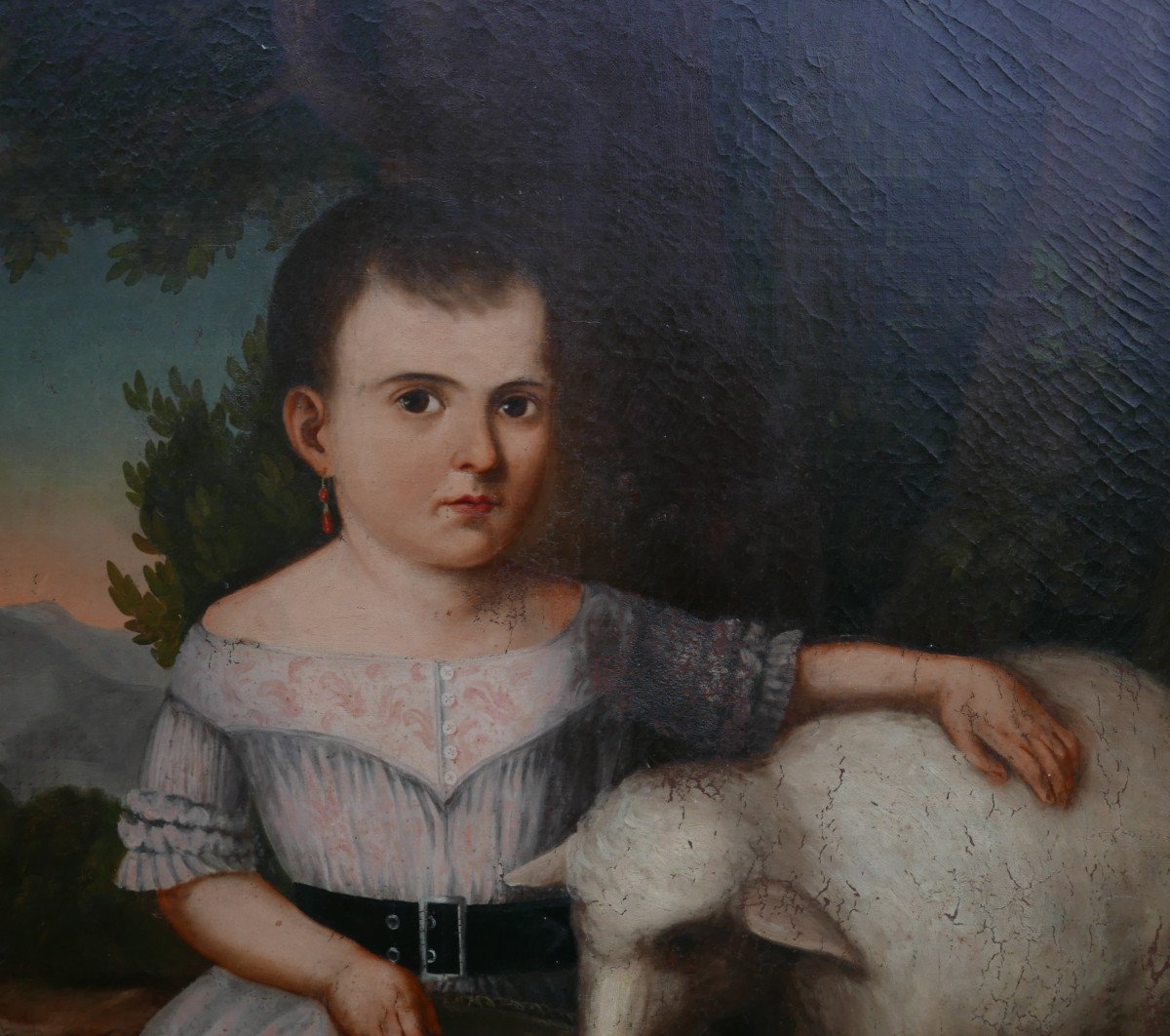 Grand Portrait De Fillette Au Mouton Huile/toile Du XIXème Siècle-photo-2