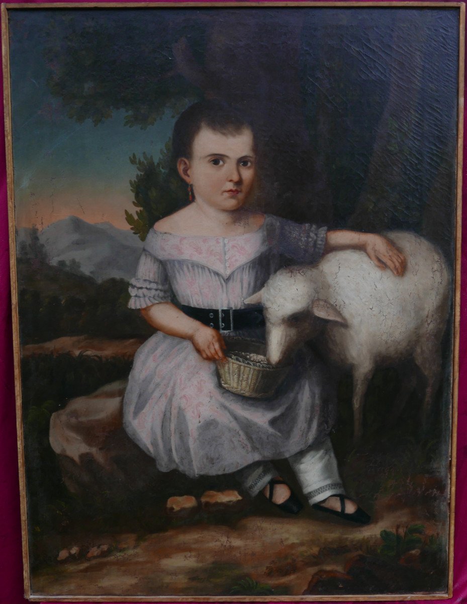 Grand Portrait De Fillette Au Mouton Huile/toile Du XIXème Siècle