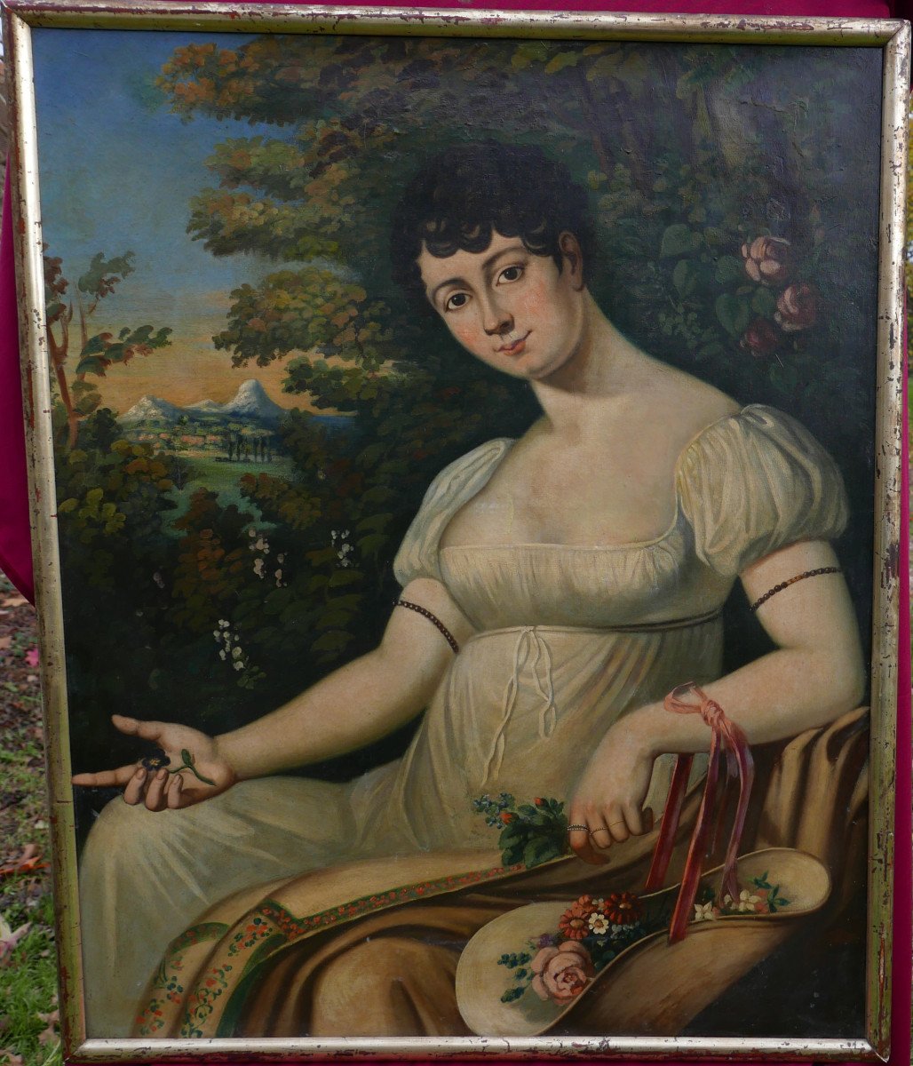 Portrait De Jeune Femme Epoque Ier Empire Huile Sur Toile Du XIXème Siècle-photo-2