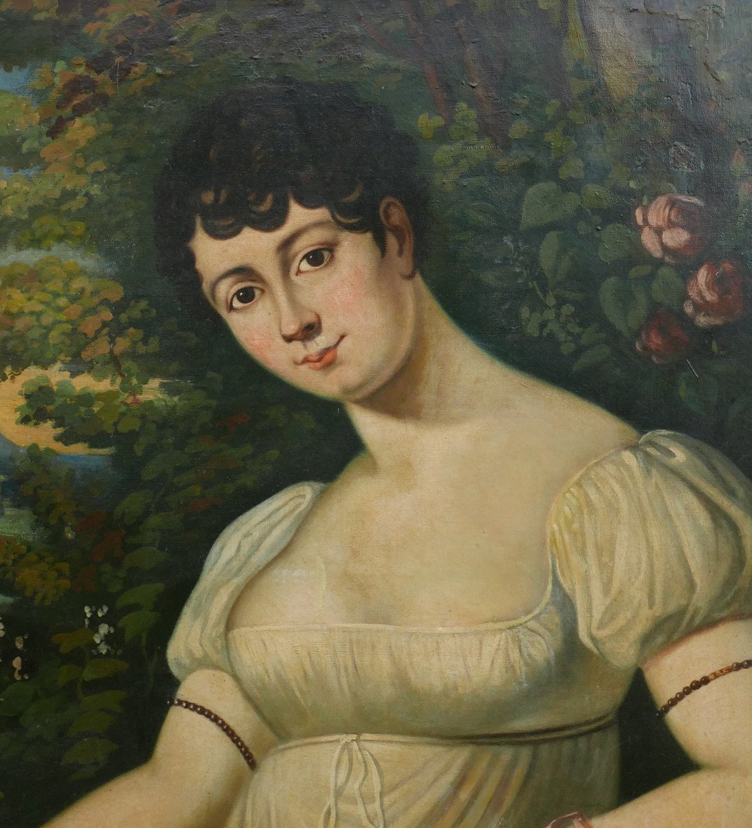 Portrait De Jeune Femme Epoque Ier Empire Huile Sur Toile Du XIXème Siècle-photo-1