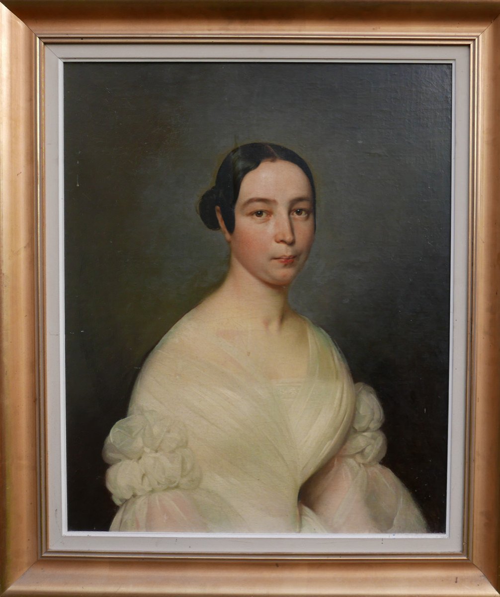 Large Portrait Of A Young Woman French School Oil/canvas 19th Century-photo-2