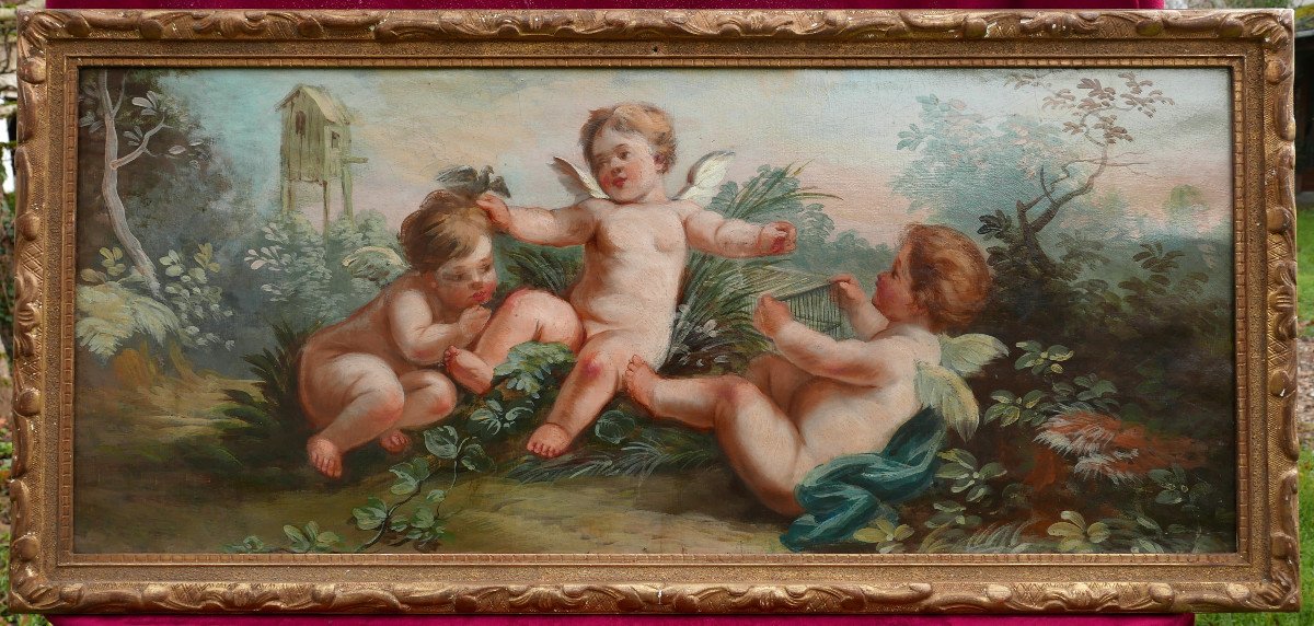 Scène De Genre Champêtre Aux Angelots Huile/toile XVIIIème Siècle