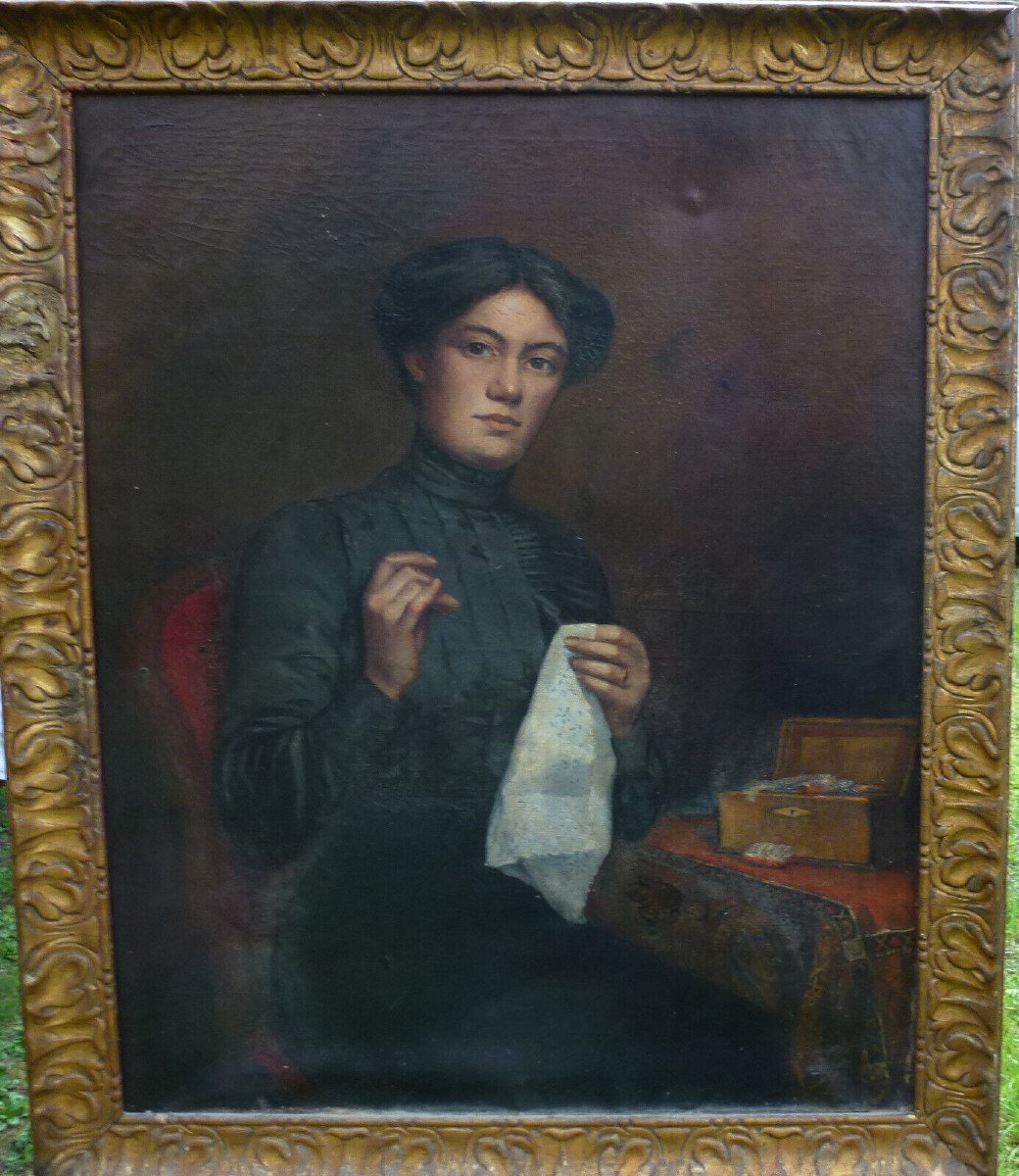 Grand Portrait De Jeune Femme à La Broderie Huile/toile Fin XIXème Siècle-photo-2