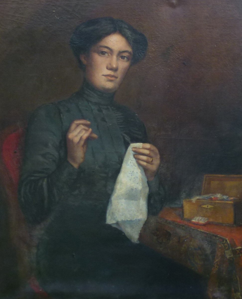 Grand Portrait De Jeune Femme à La Broderie Huile/toile Fin XIXème Siècle-photo-1