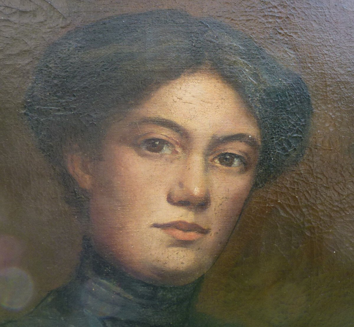 Grand Portrait De Jeune Femme à La Broderie Huile/toile Fin XIXème Siècle-photo-5