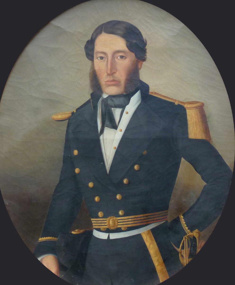 Large Portrait Of A Male Naval Officer Oil/canvas 19th Century-photo-2