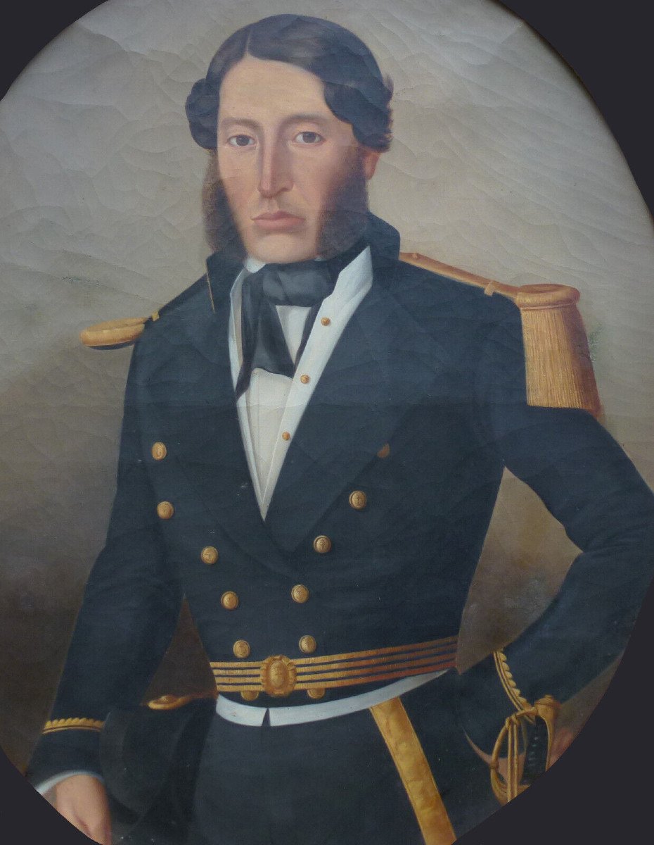 Large Portrait Of A Male Naval Officer Oil/canvas 19th Century-photo-3