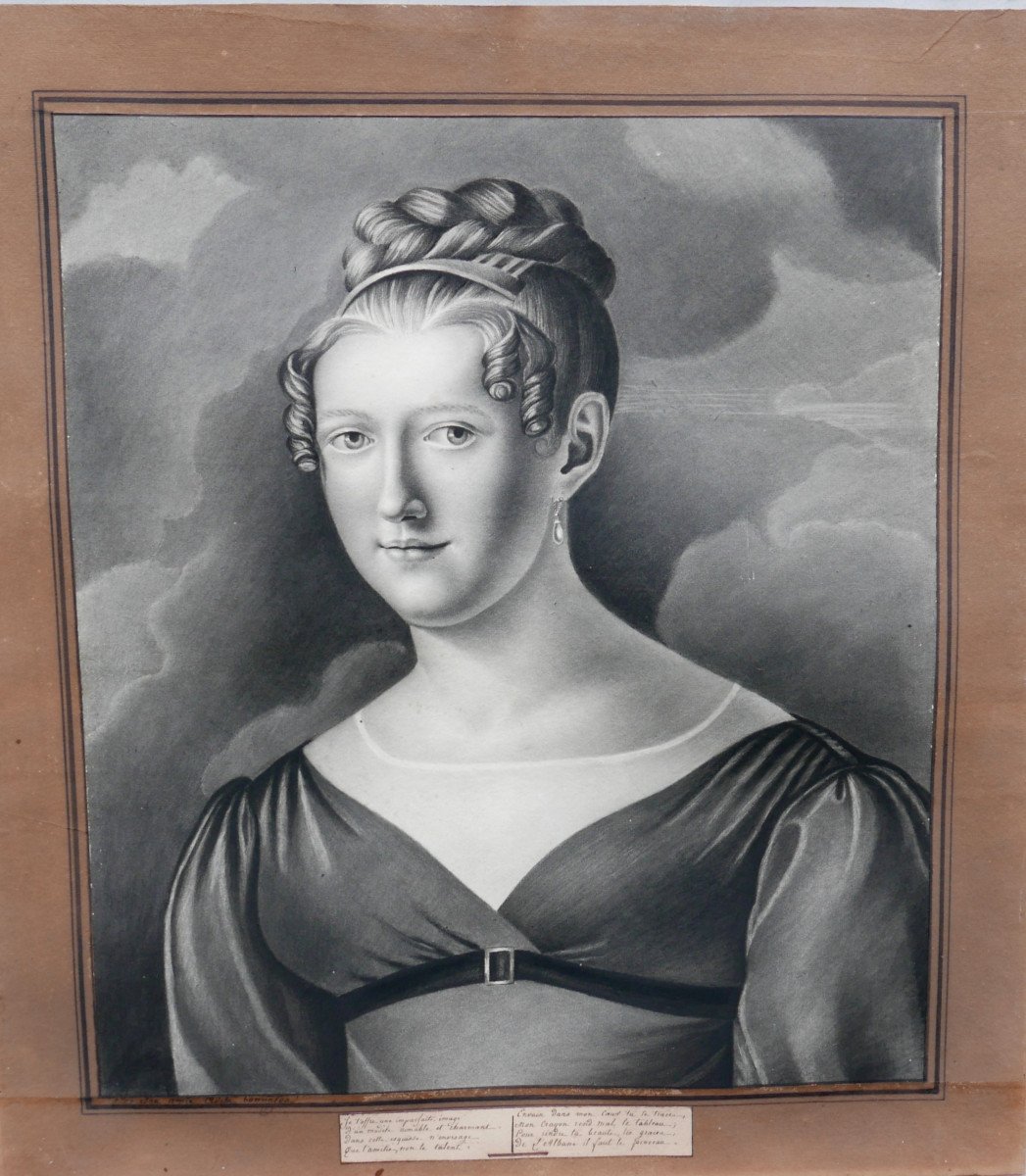 Portrait Of A Woman, Louis XVIII Period, 19th Century Drawing Under Glass-photo-2