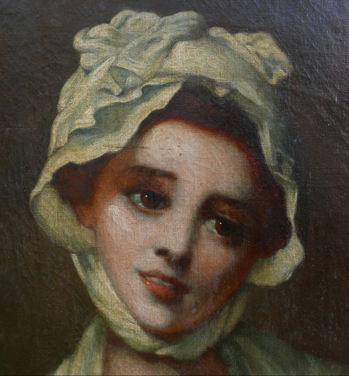 Portrait Of A Young Woman With A Bonnet Oil/canvas From The 18th Century-photo-1