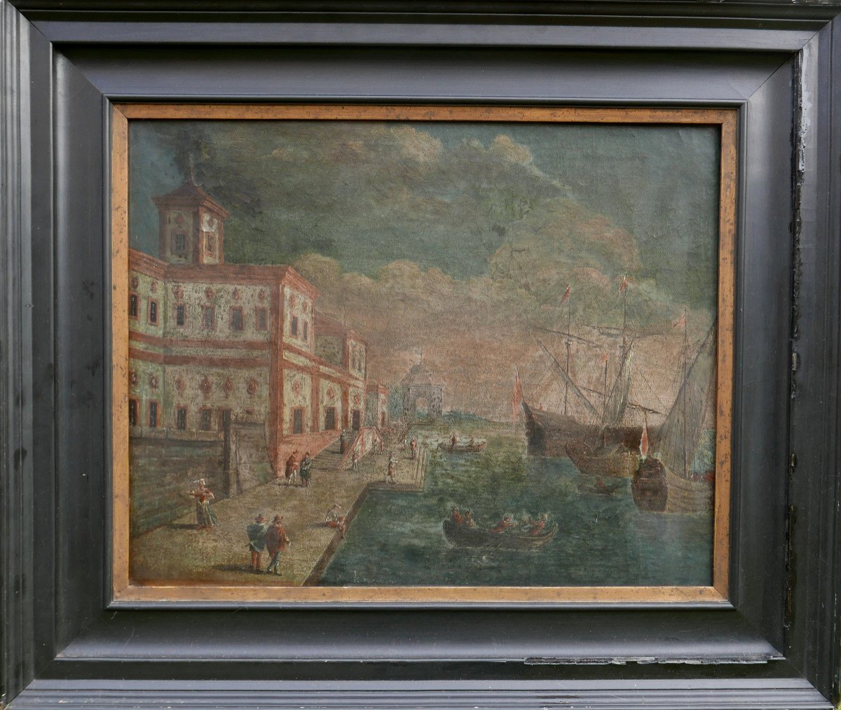 Tableau Paysage Canal De Venise Atelier Canaletto Huile/toile Du XVIIIème Siècle-photo-2