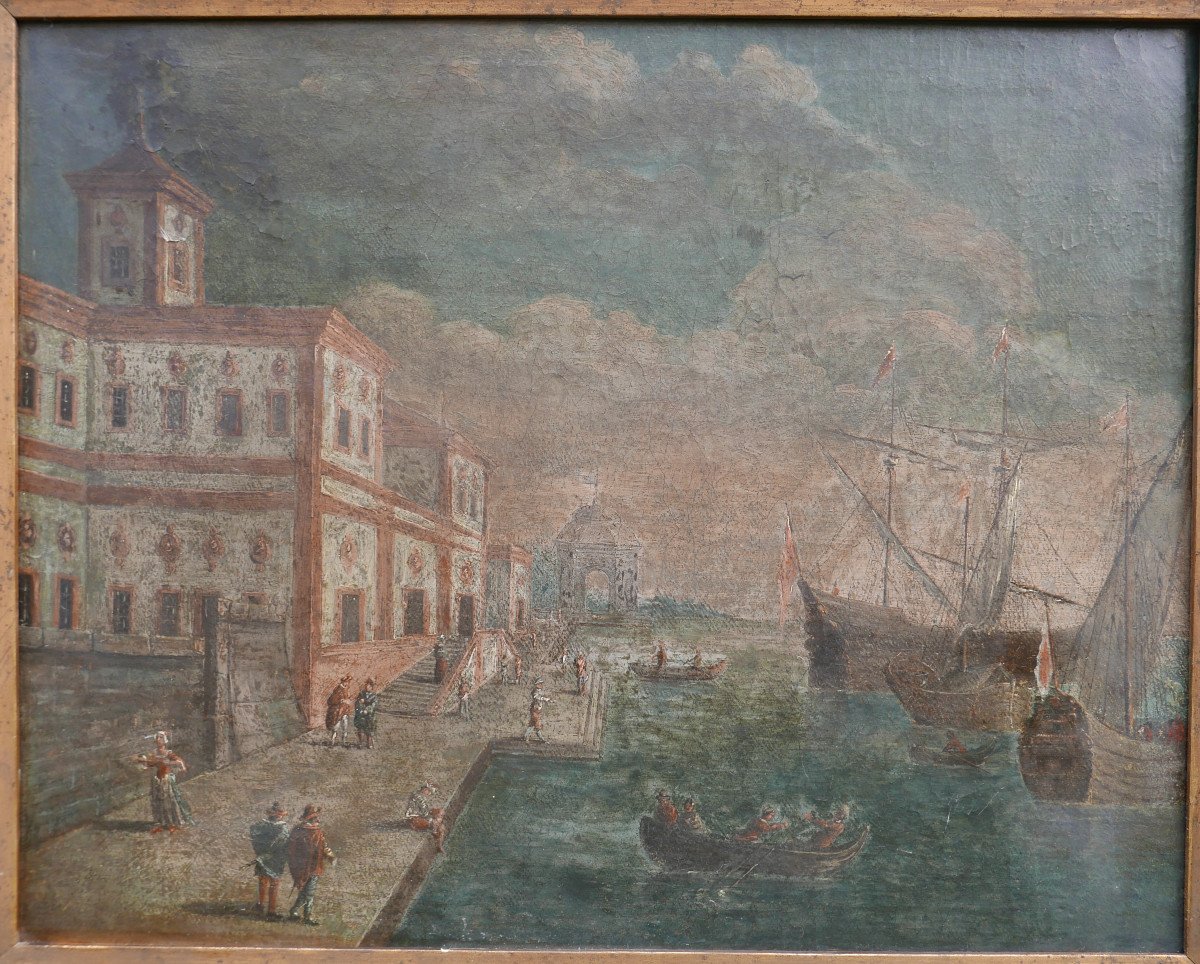 Tableau Paysage Canal De Venise Atelier Canaletto Huile/toile Du XVIIIème Siècle-photo-3