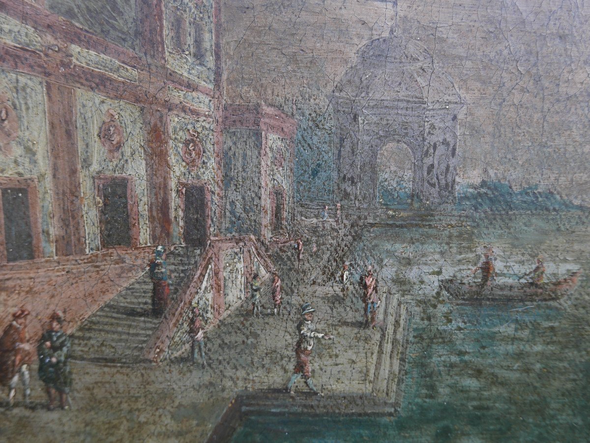 Tableau Paysage Canal De Venise Atelier Canaletto Huile/toile Du XVIIIème Siècle-photo-2