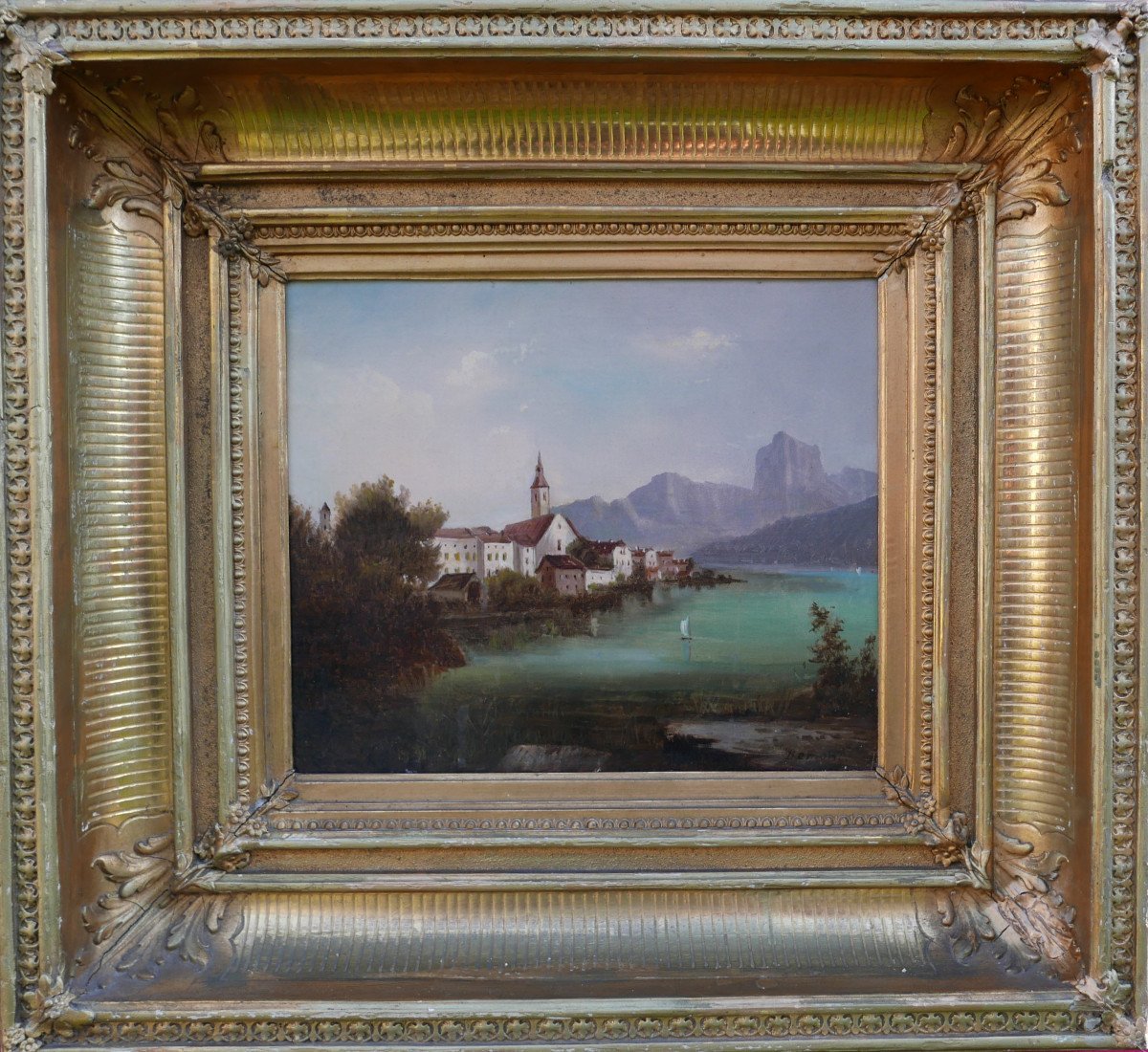 Adrien Demont Landscape Lake Traunsee Gmunden Oil/canvas 19th Century-photo-2