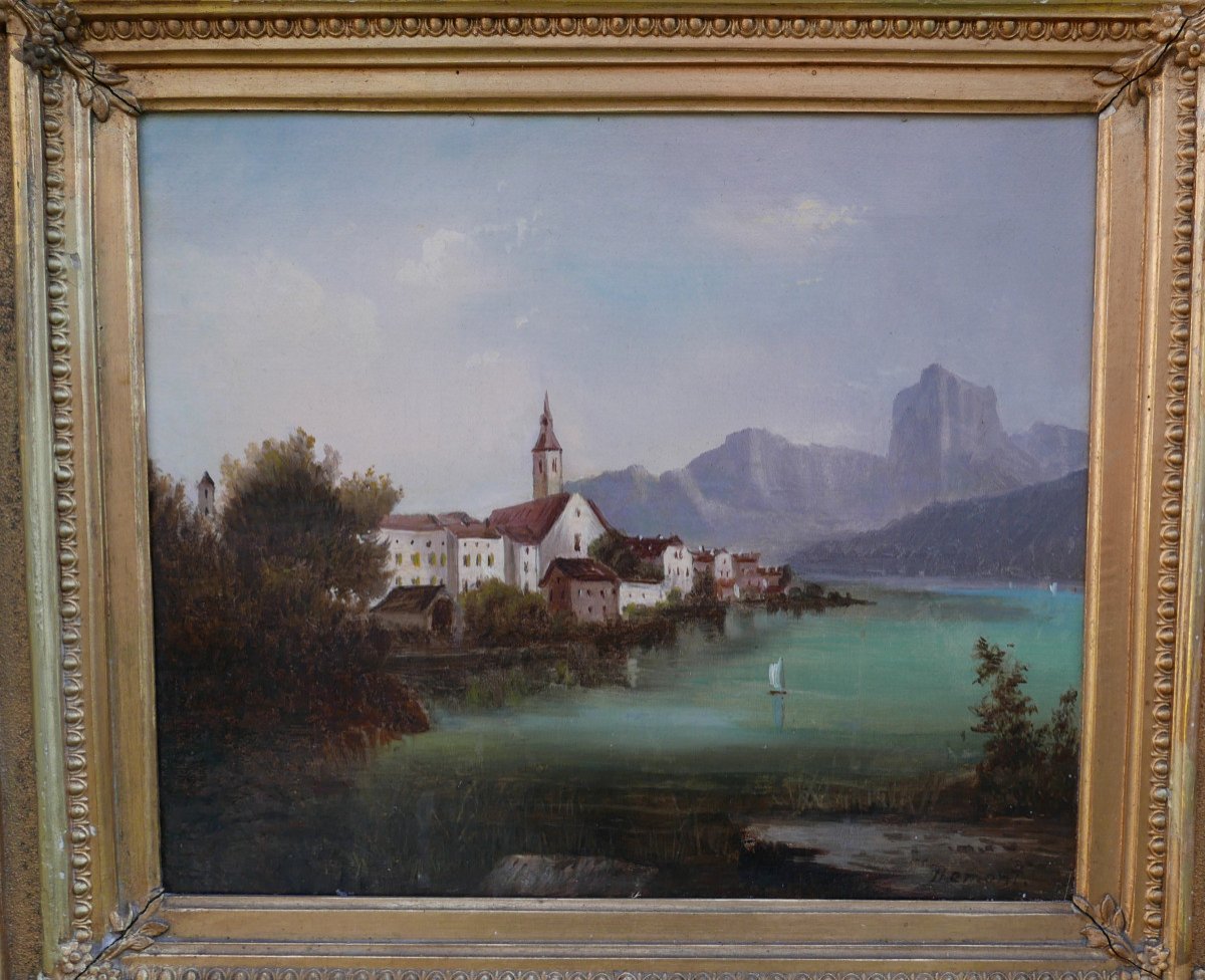 Adrien Demont Landscape Lake Traunsee Gmunden Oil/canvas 19th Century-photo-3