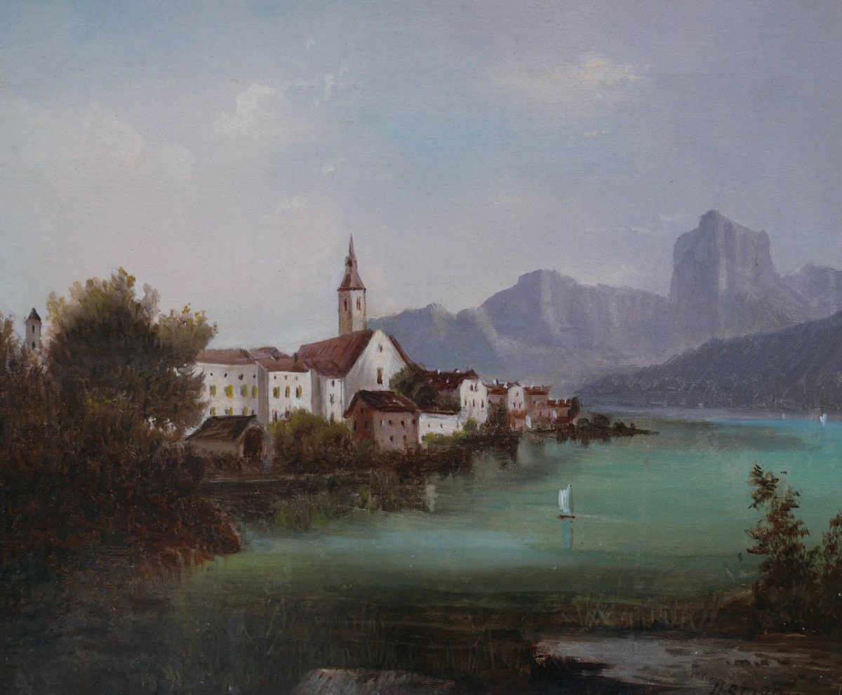 Adrien Demont Landscape Lake Traunsee Gmunden Oil/canvas 19th Century-photo-4