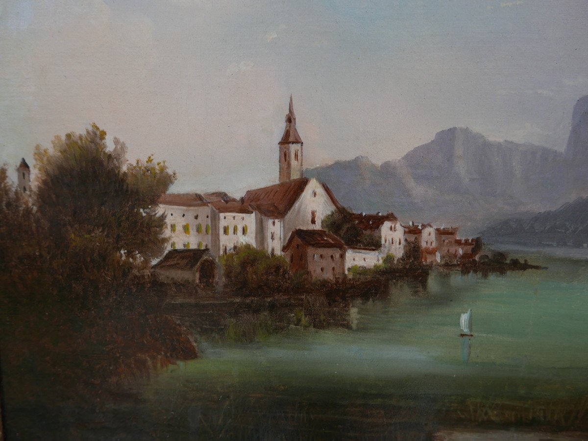 Adrien Demont Landscape Lake Traunsee Gmunden Oil/canvas 19th Century-photo-2