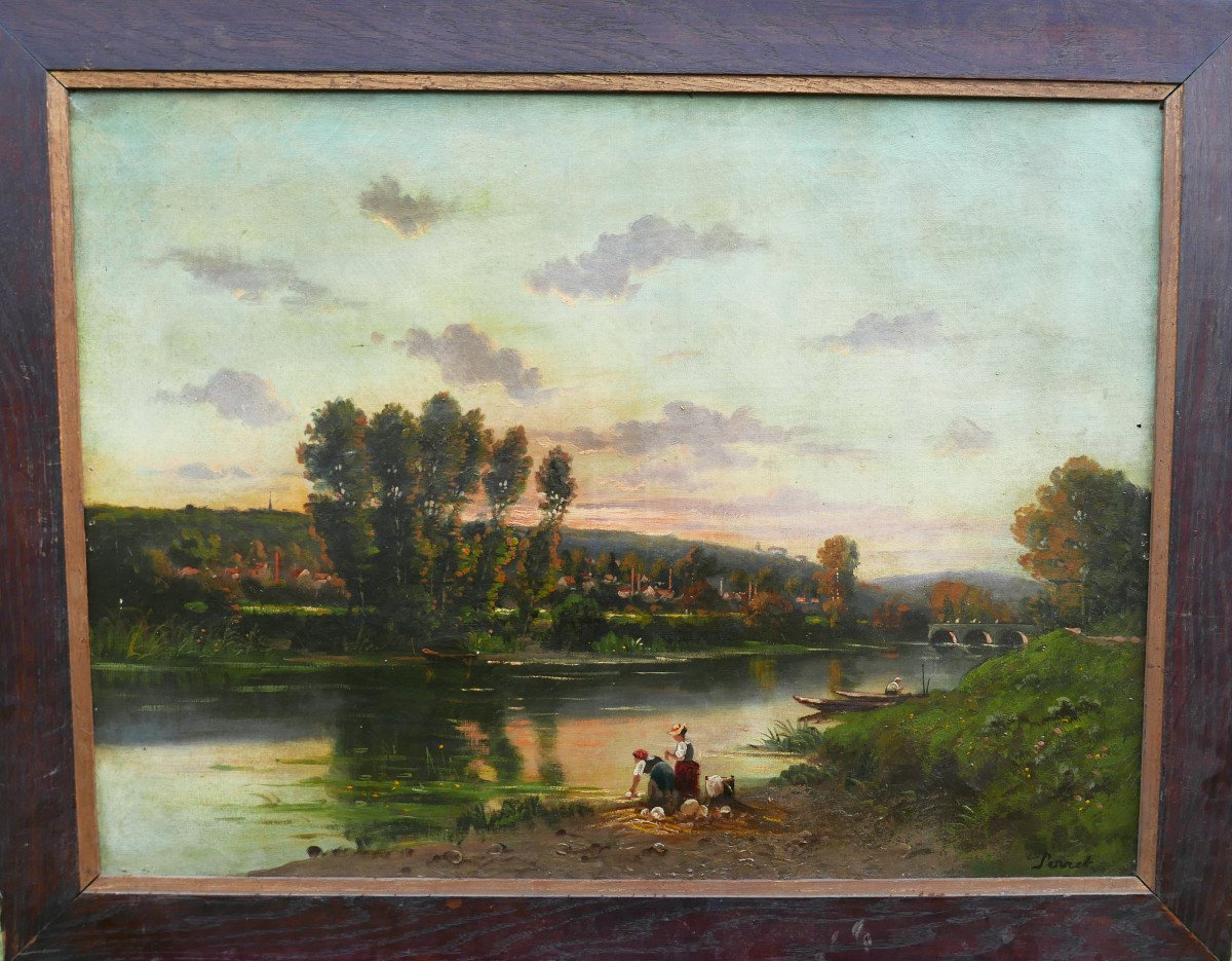 Henri François Perret Paysage Lavandières Huile/toile Du XIXème Siècle-photo-2