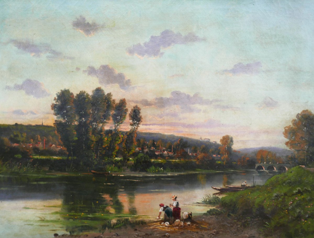 Henri François Perret Paysage Lavandières Huile/toile Du XIXème Siècle-photo-3