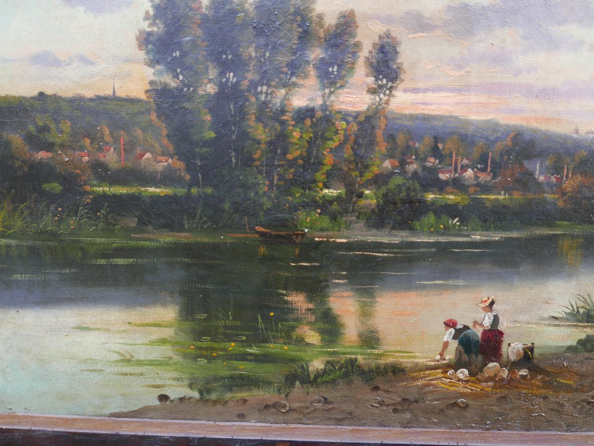 Henri François Perret Paysage Lavandières Huile/toile Du XIXème Siècle-photo-4