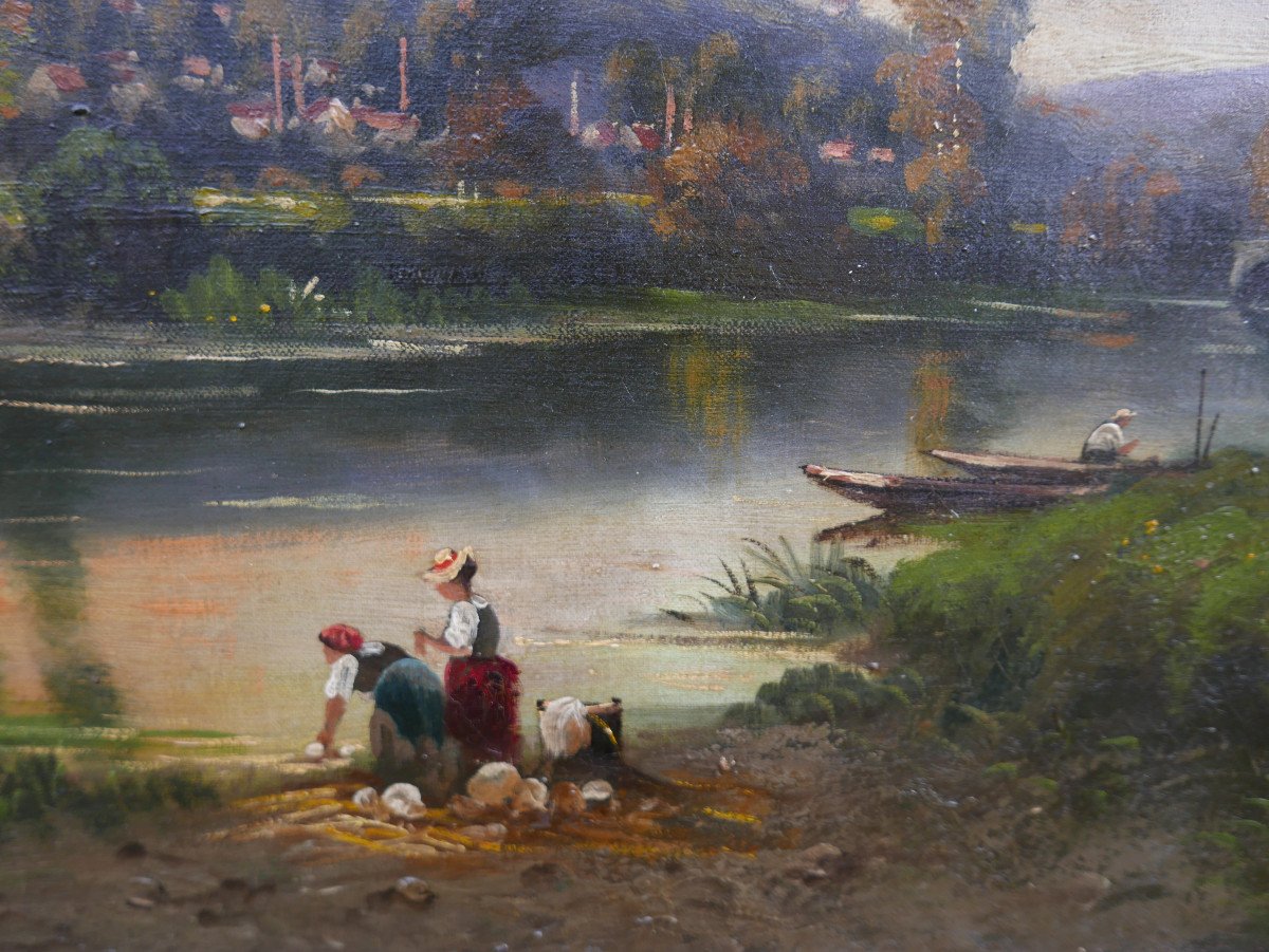 Henri François Perret Paysage Lavandières Huile/toile Du XIXème Siècle-photo-2