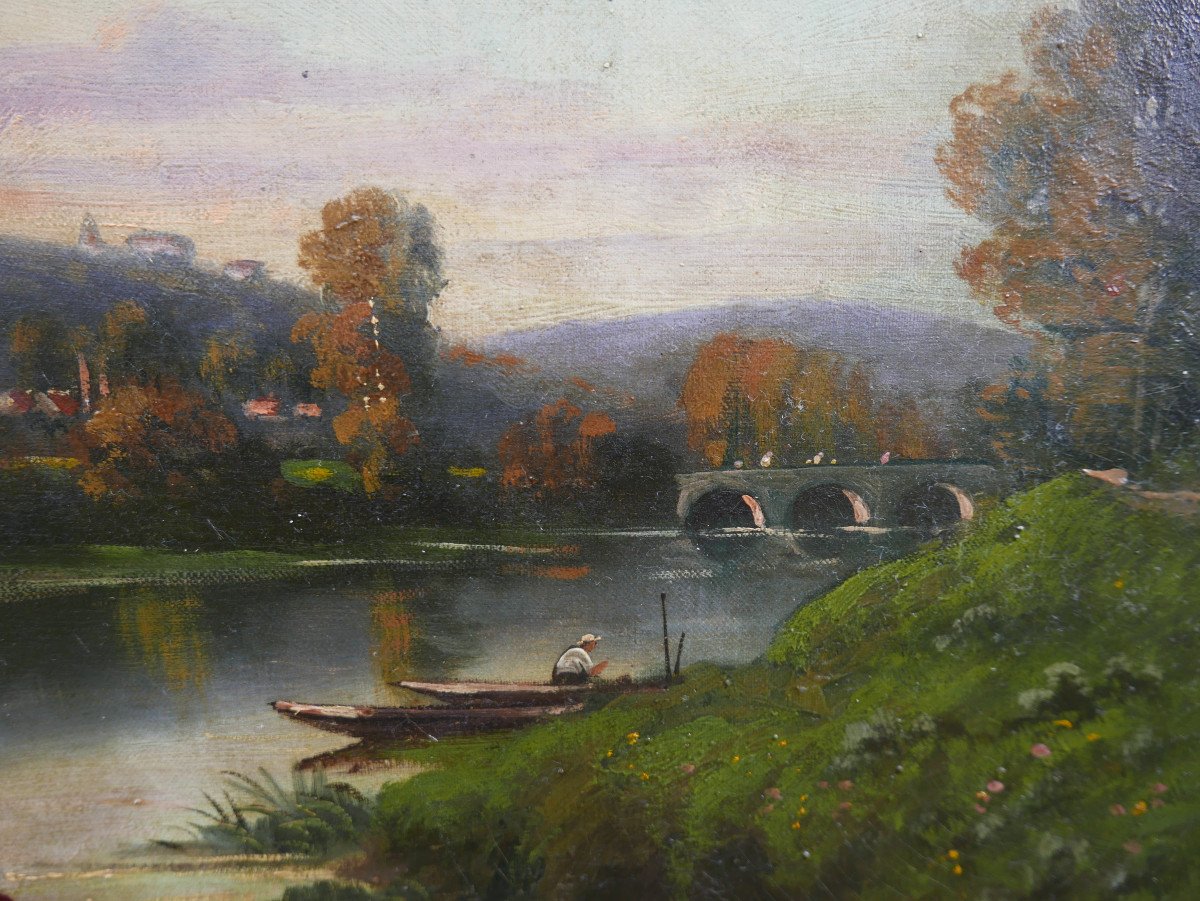 Henri François Perret Paysage Lavandières Huile/toile Du XIXème Siècle-photo-4