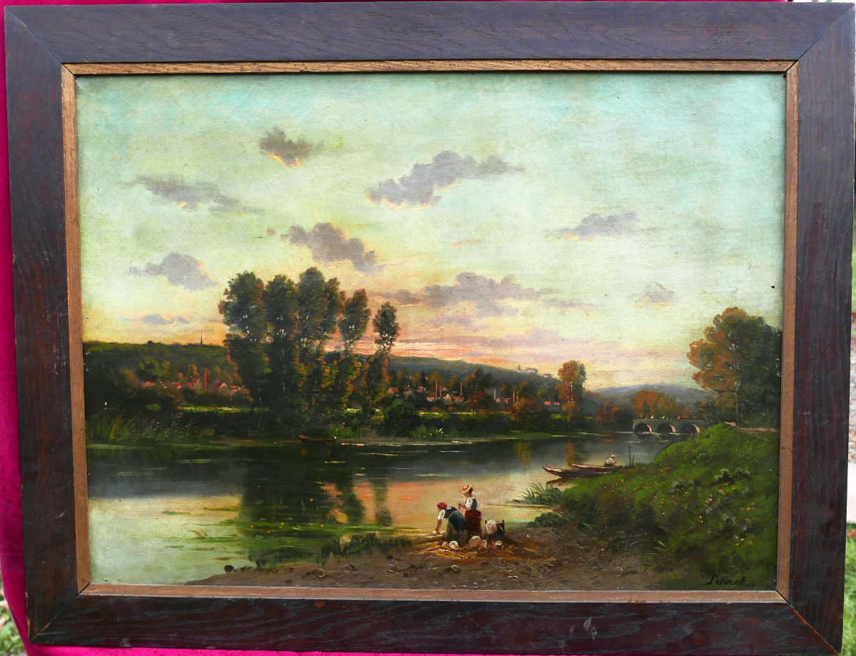 Henri François Perret Paysage Lavandières Huile/toile Du XIXème Siècle