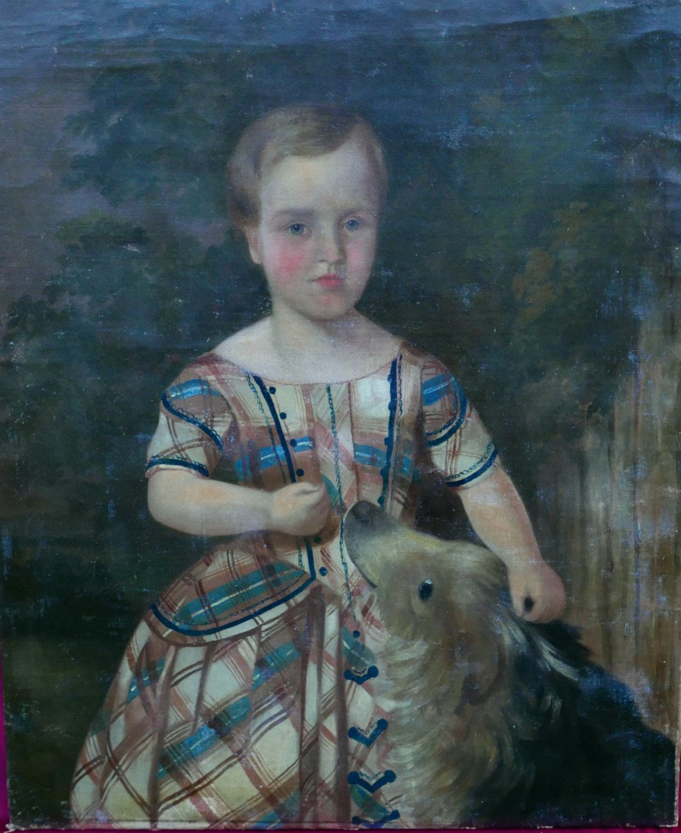 Portrait De Jeune Fille Au Chien Epoque Louis Philippe Huile/toile XIXème Siècle-photo-2