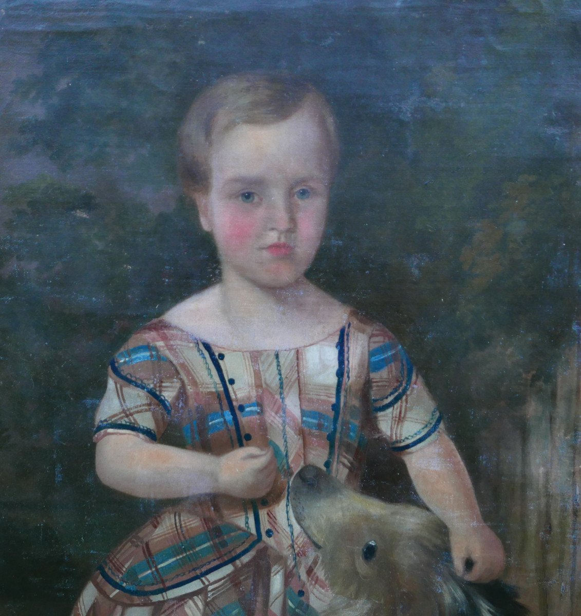 Portrait De Jeune Fille Au Chien Epoque Louis Philippe Huile/toile XIXème Siècle-photo-3