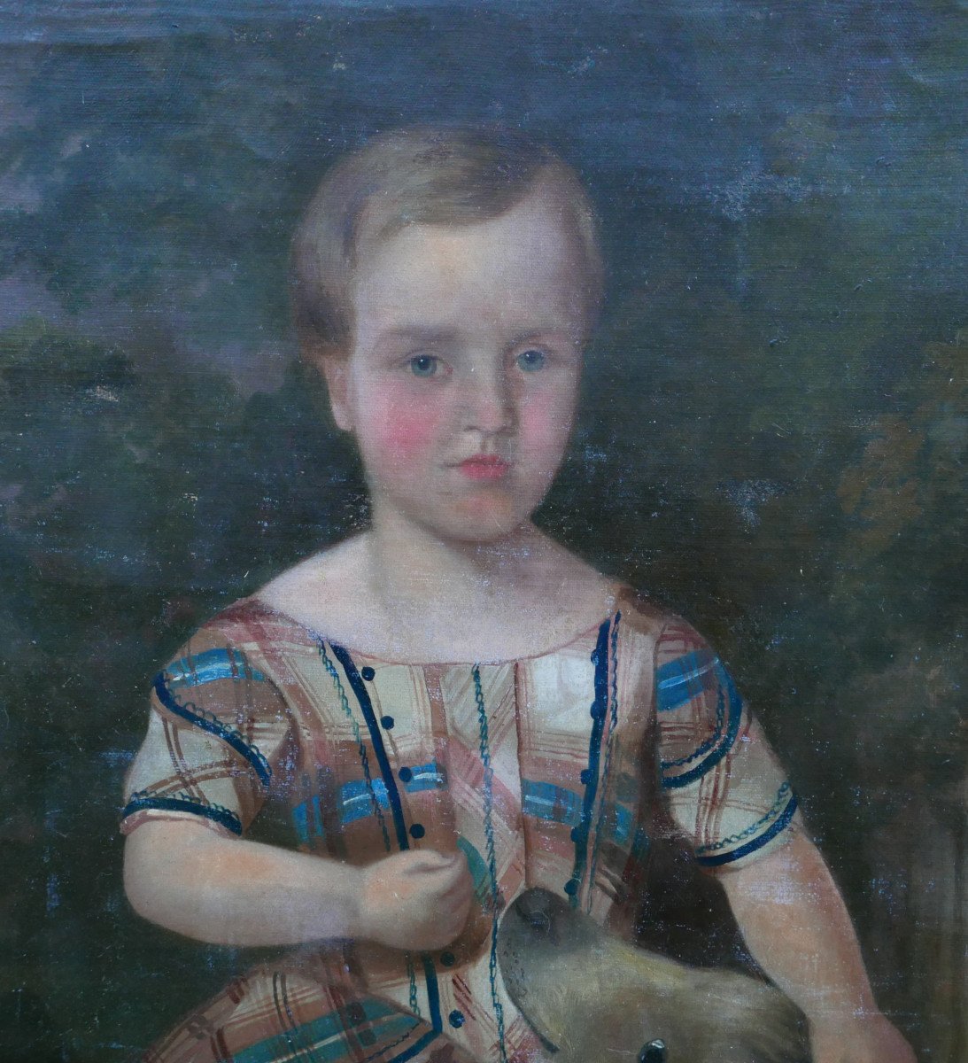 Portrait De Jeune Fille Au Chien Epoque Louis Philippe Huile/toile XIXème Siècle-photo-4