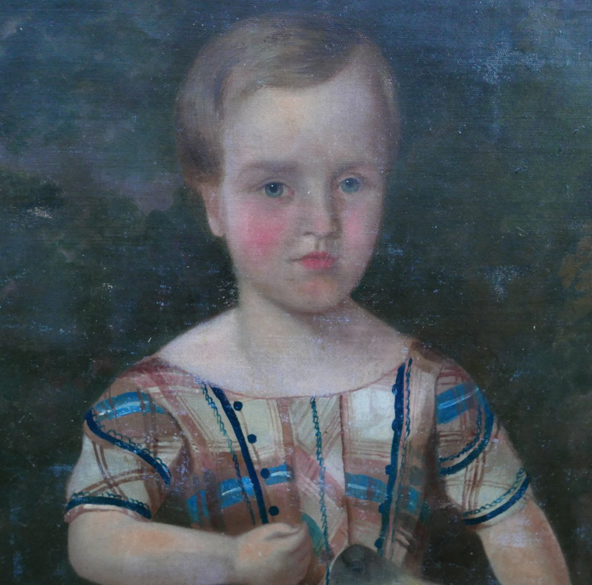 Portrait De Jeune Fille Au Chien Epoque Louis Philippe Huile/toile XIXème Siècle-photo-3