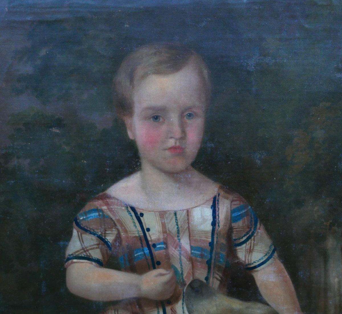 Portrait De Jeune Fille Au Chien Epoque Louis Philippe Huile/toile XIXème Siècle-photo-4