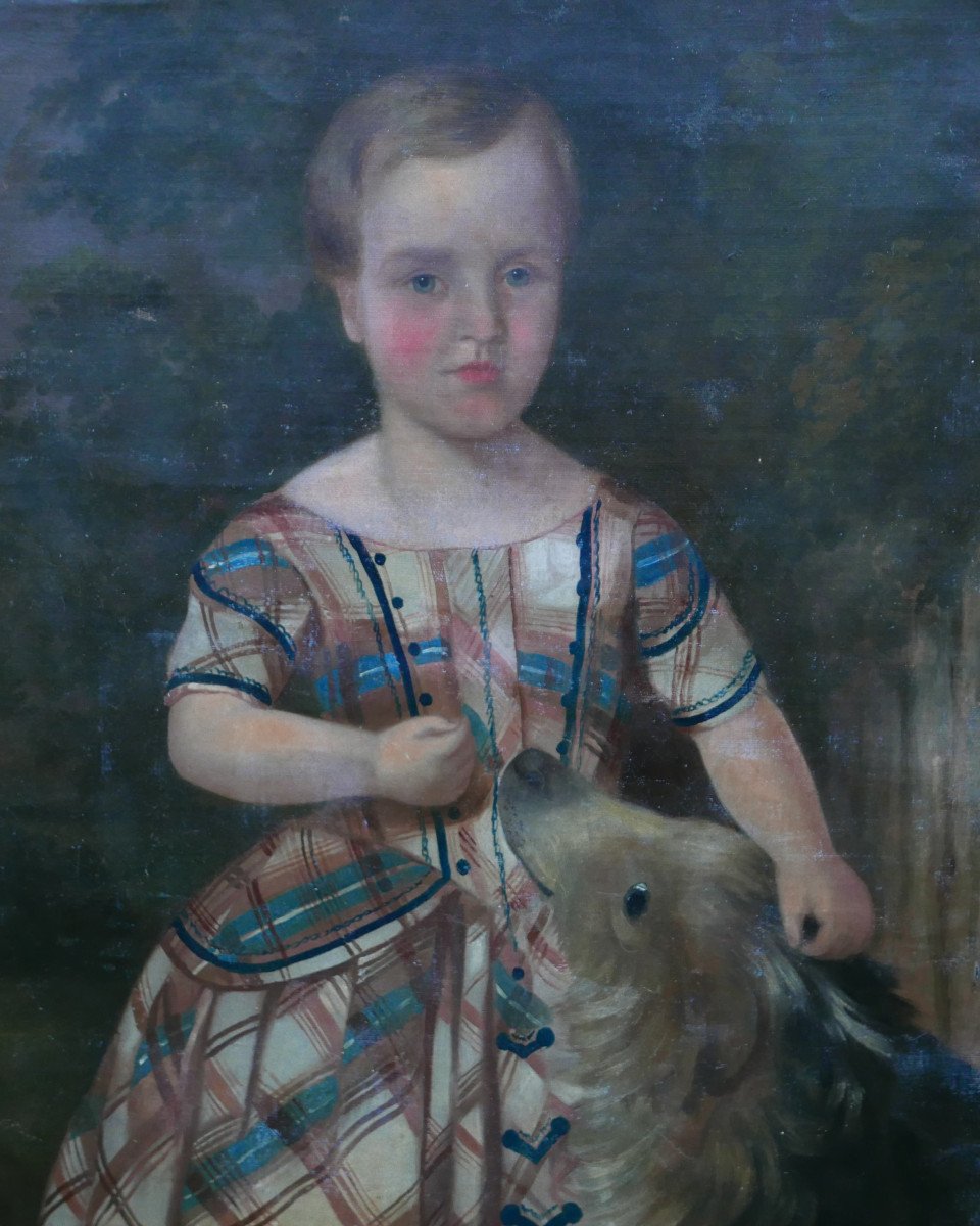 Portrait De Jeune Fille Au Chien Epoque Louis Philippe Huile/toile XIXème Siècle-photo-5