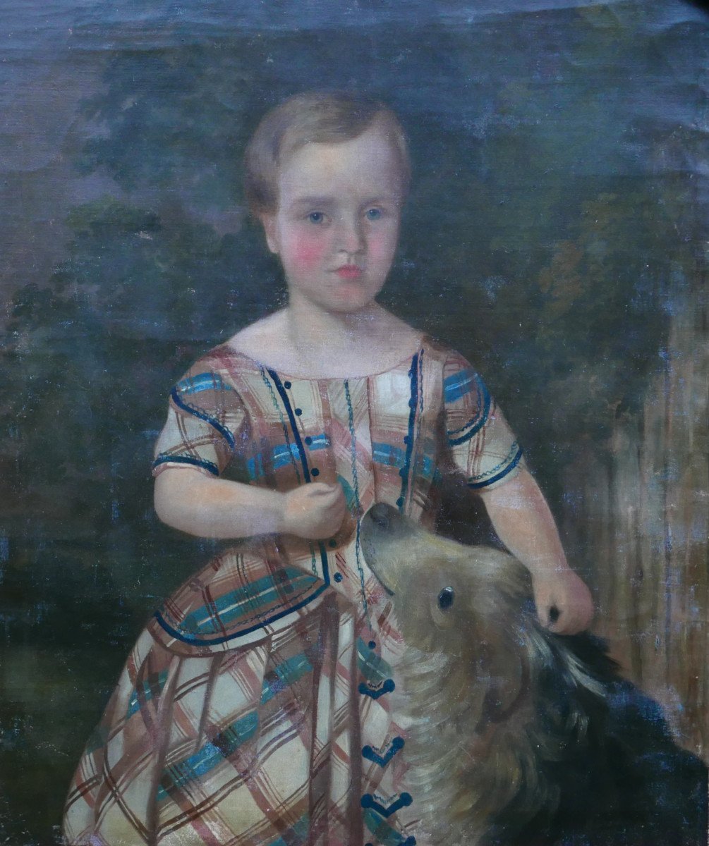 Portrait De Jeune Fille Au Chien Epoque Louis Philippe Huile/toile XIXème Siècle