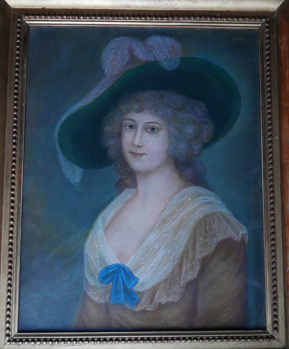 Portrait De Jeune Femme Au Chapeau Style Louis XVI Pastel Début XIXème Siècle-photo-2