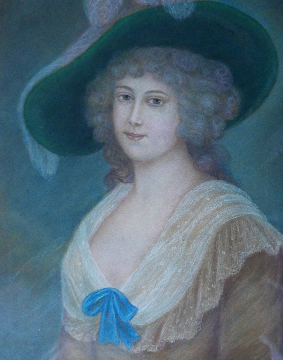 Portrait De Jeune Femme Au Chapeau Style Louis XVI Pastel Début XIXème Siècle-photo-2