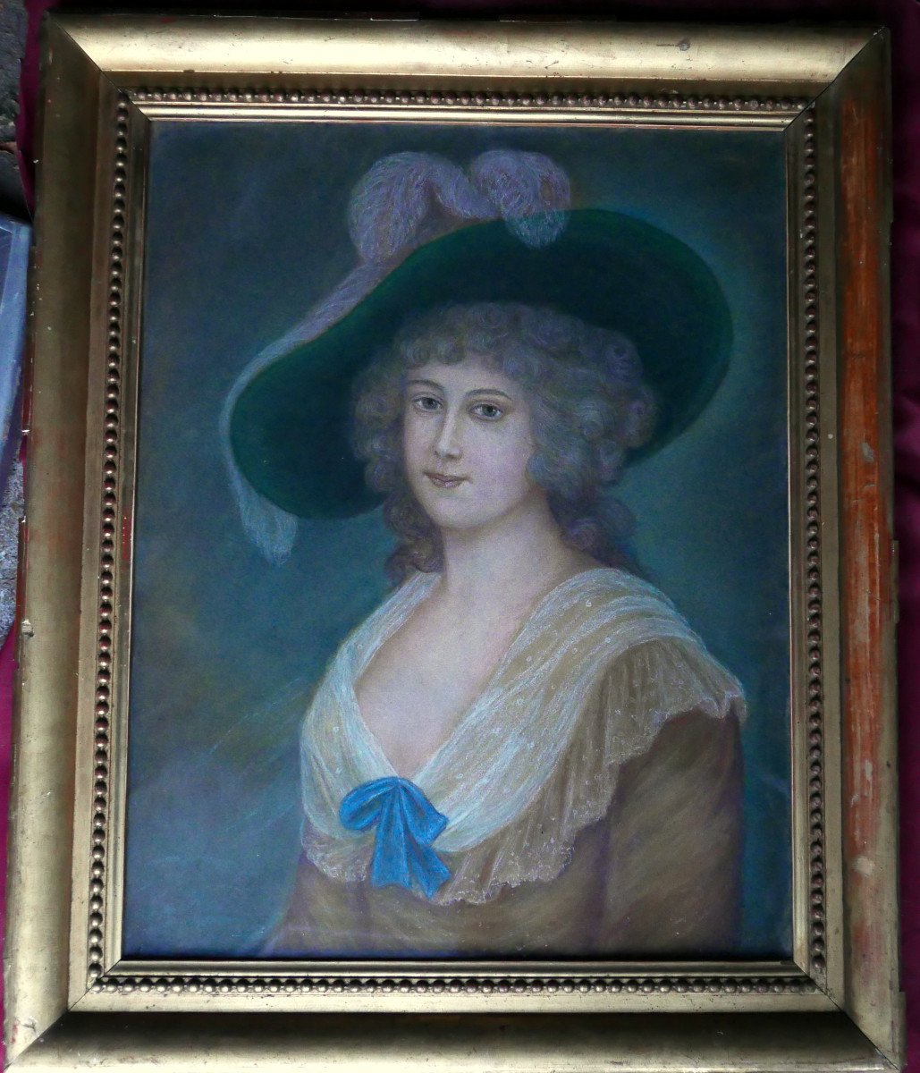 Portrait De Jeune Femme Au Chapeau Style Louis XVI Pastel Début XIXème Siècle