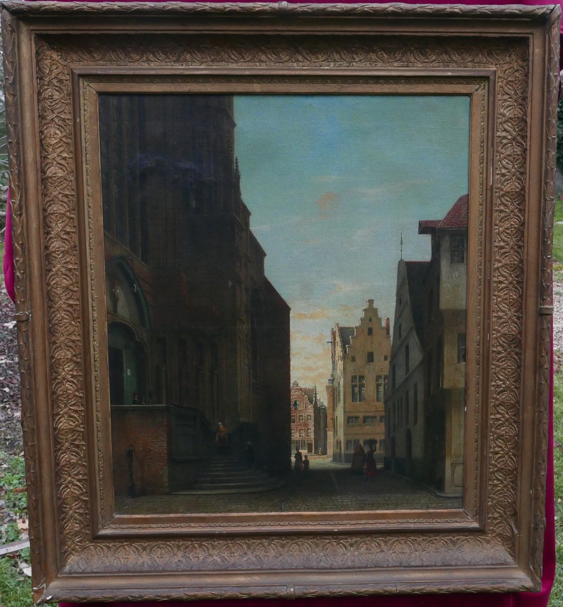 Animated Landscape Church Louvain Oil/canvas 19th Century Signed-photo-2