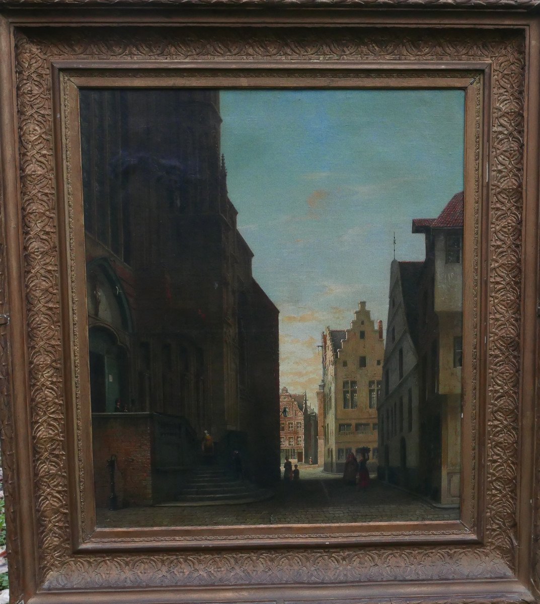 Animated Landscape Church Louvain Oil/canvas 19th Century Signed