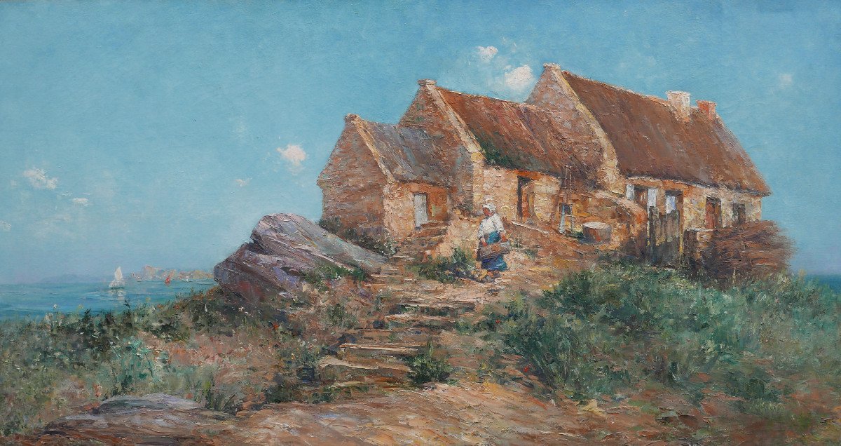 Zacharie Baton Grand Paysage Côte De Bretagne Huile/toile Du XIXème Siècle