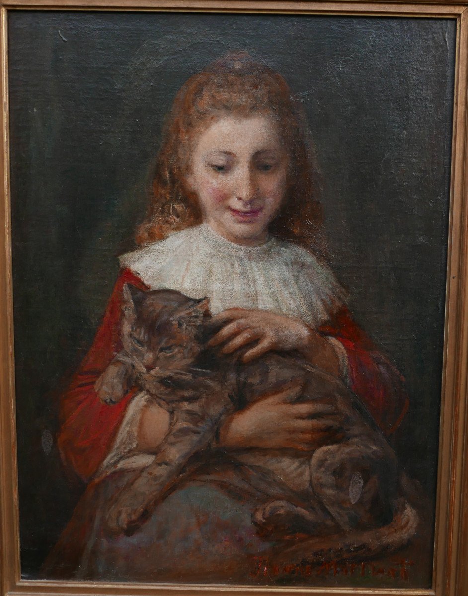 Jeanne Maillart Portrait De Jeune Fille Au Chat Huile/toile XXème Siècle Signé-photo-3