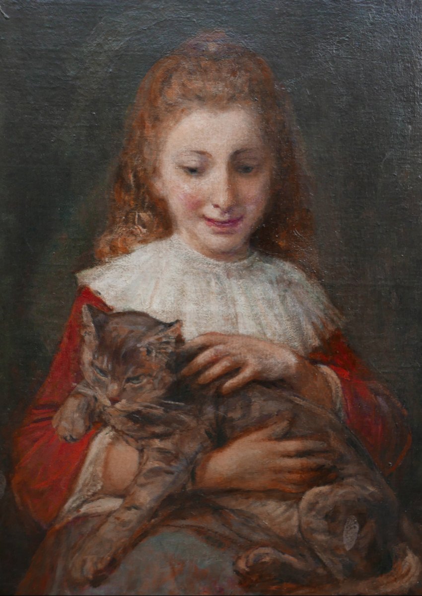 Jeanne Maillart Portrait De Jeune Fille Au Chat Huile/toile XXème Siècle Signé-photo-4