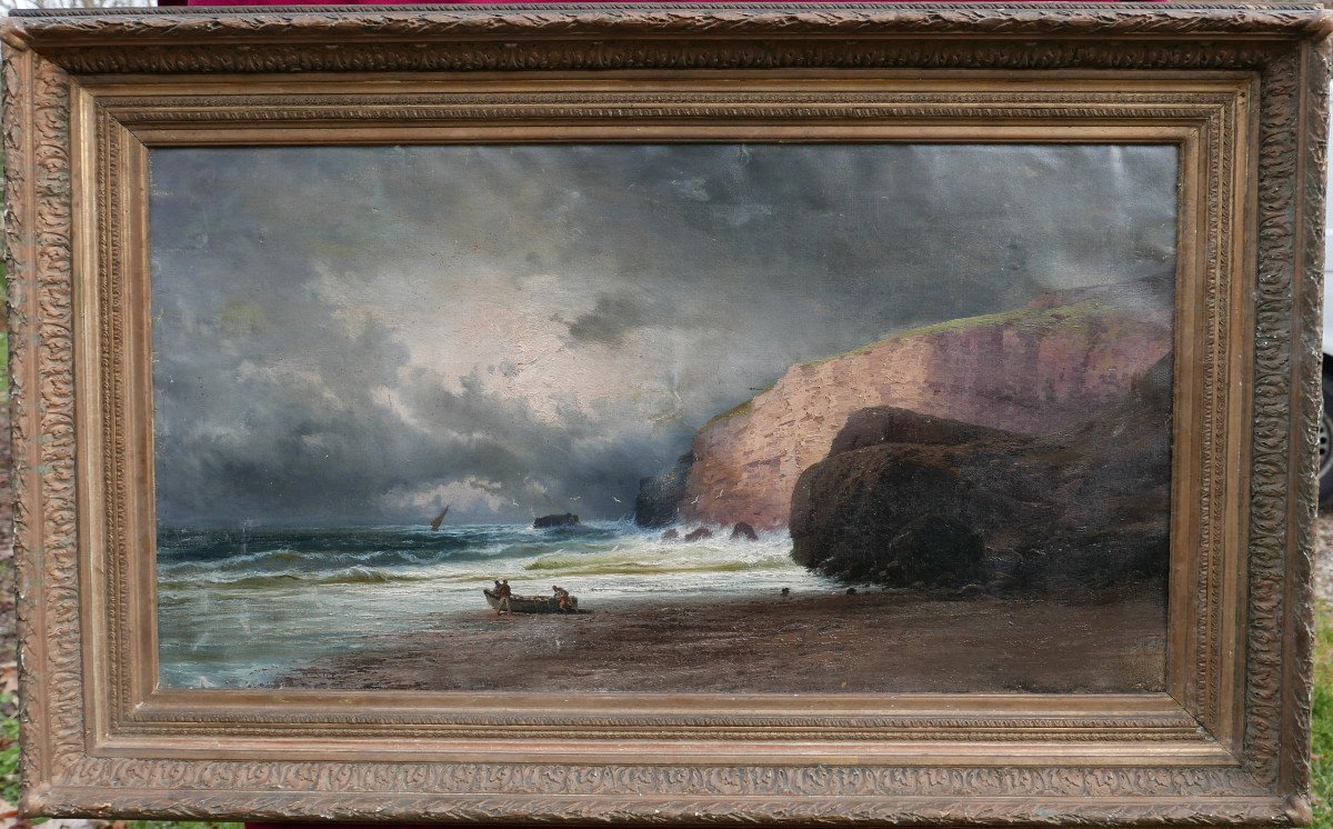 Tableau Grand Paysage Côtier Falaise Normandie Huile/toile Du XIXème Siècle-photo-2