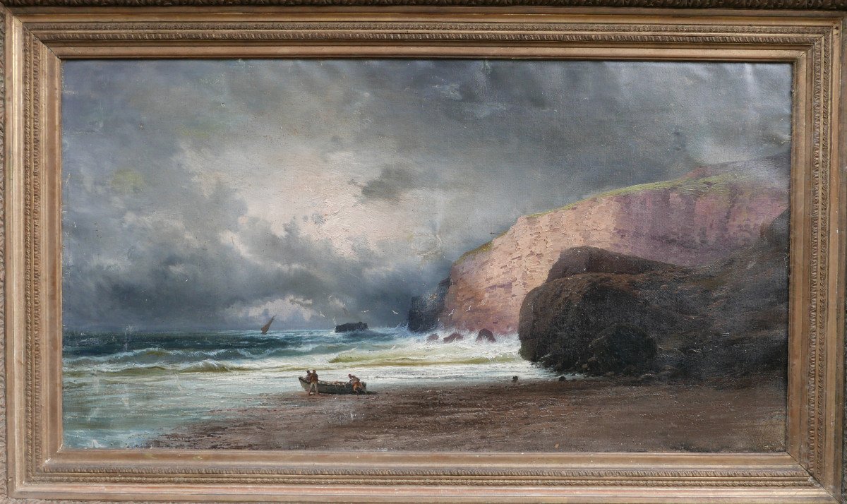 Tableau Grand Paysage Côtier Falaise Normandie Huile/toile Du XIXème Siècle-photo-3