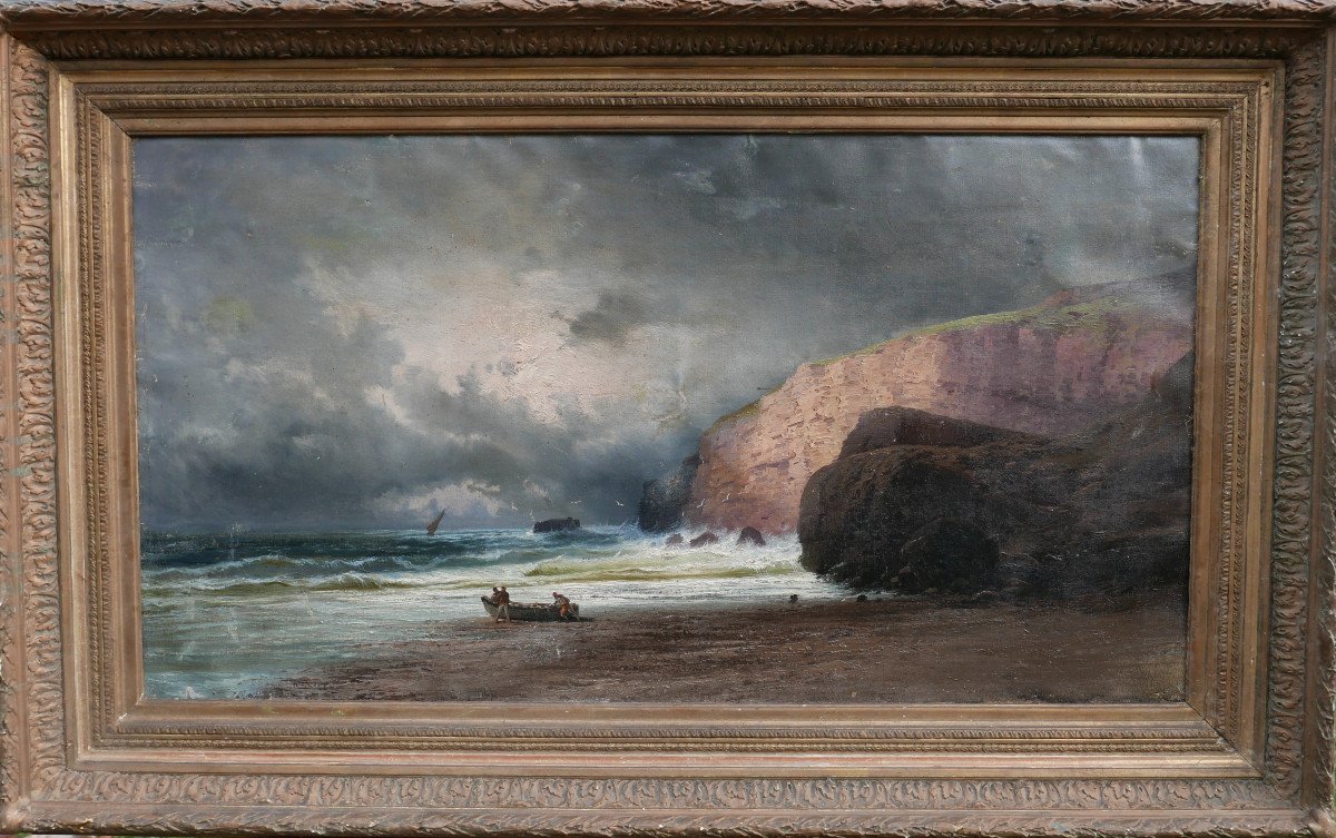 Tableau Grand Paysage Côtier Falaise Normandie Huile/toile Du XIXème Siècle